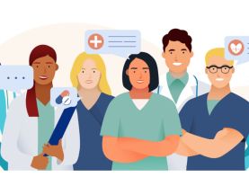 Illustratie van 5 zorgmensen met ideeën